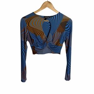 Blue & tan abstract psychedelic swirl cut out cropped long sleeve top size 6